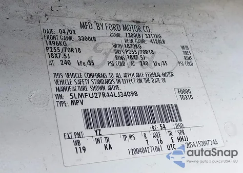 2004 Lincoln Navigator z USA, uszkodzony, nr VIN 5LMFU27R44LJ34098